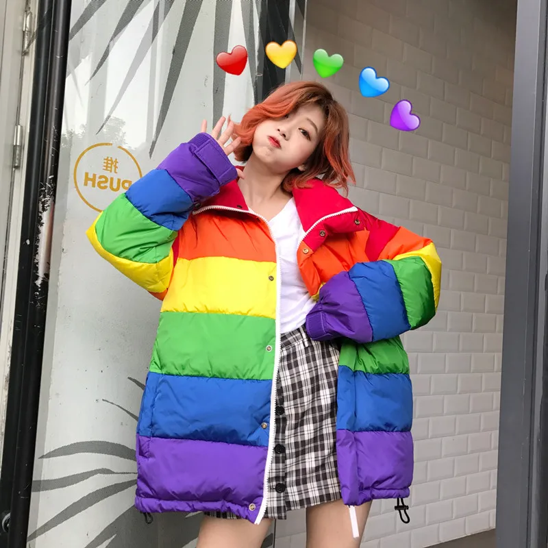 Women\'s Winter Casual Thicken Jackets Harajuku Rainbow Printing Stitching Down Coats Street Fashion Striped Coat Chaqueta Mujer