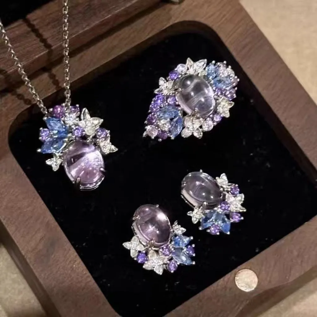 Floral Jewelry Set Delicate Purple Stone Necklace Earrings For Women Elegant Cubic Zirconia Jewelry Set For Wedding Attendance