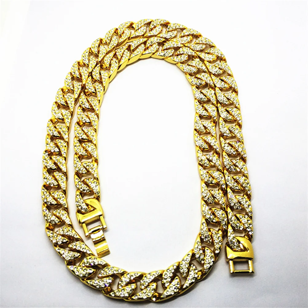 

Mens Hip Hop Gold Plated Cuban Chain Necklace Crystal Rhinestone Pendant Hip Hop Jewelry for Singers Gold Chain for Men