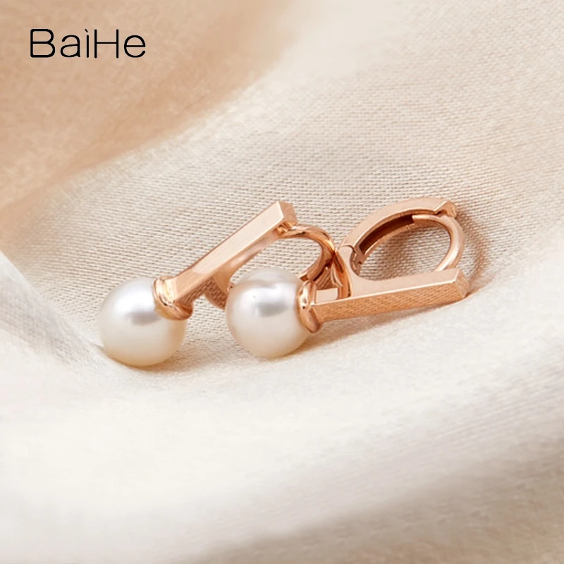 BAIHE Solid 14K White/Yellow/Rose Gold Natural Freshwater Pearl Work Ear Clip Earrings Women Trendy leisure Fine Jewelry серьги