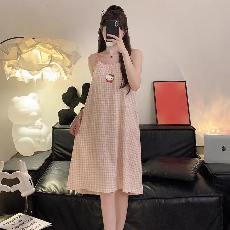 

Sanrio Hello Kitty Pajamas Dress Summer Sleeping Skirt Sleeveless Slip Dress Sleepwear Kawaii Cartoon Night Skirt Home Clothes