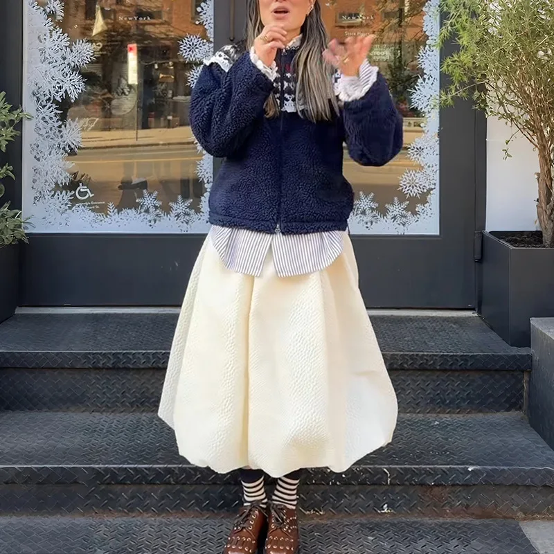 

【Gift Free】 French Chic Textured Bubble Skirt Mid-Length Solid Color Half Skirt 2025 Fall Winter Playful Fashion