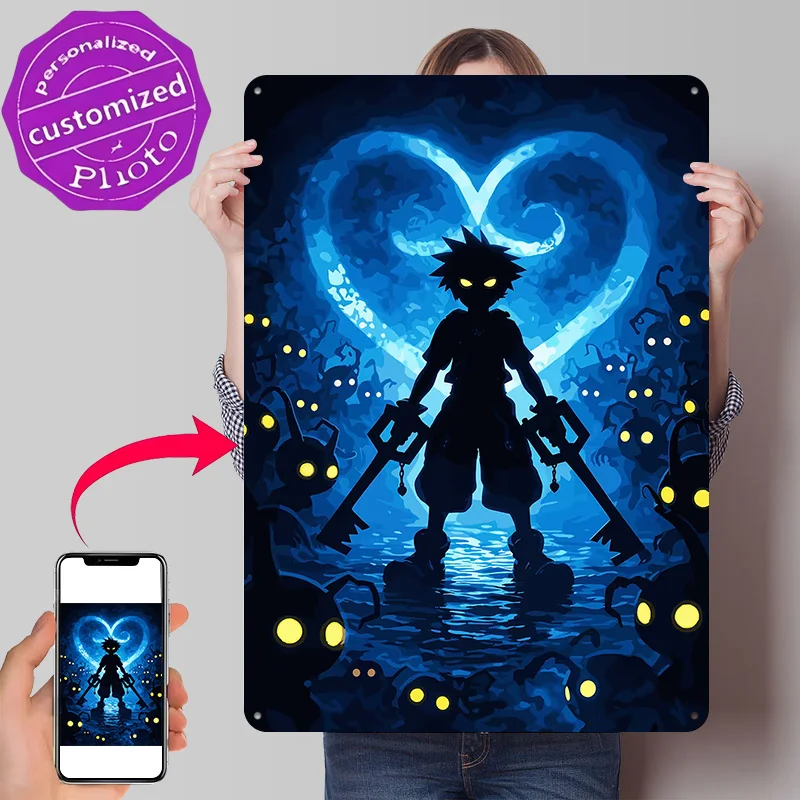 Kingdom Hearts Sora Silhouette Poster Retro 3D Printed Metal Signs Customized Wall Hanging Gift for Office Decor Room Tin Sign