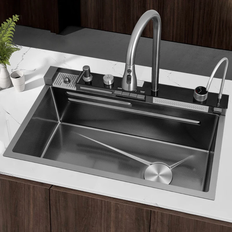 Double Waterfall Sink Stainless Steel Kitchen Sink Embossed Large Single Slot Ambient light digital display Wash Basin