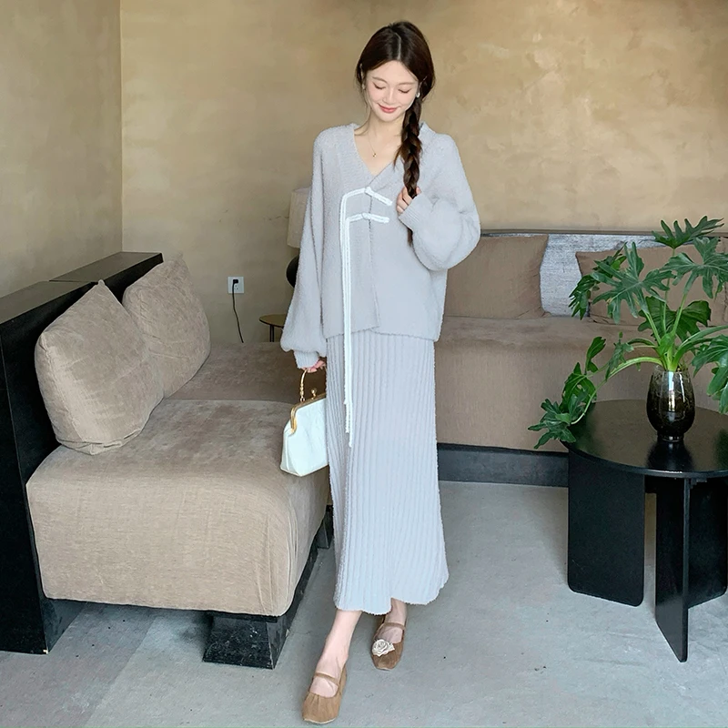 

Women's fall/winter single-sided fur Chinese-style cardigan dress set of two pieces