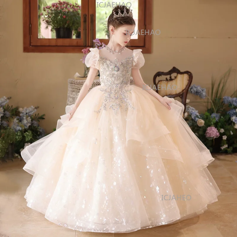 2026 Long Gown Host Runway Birthday Princess Children Girls Champagne Elegant Dress Kids Piano Performance Pageant Costume