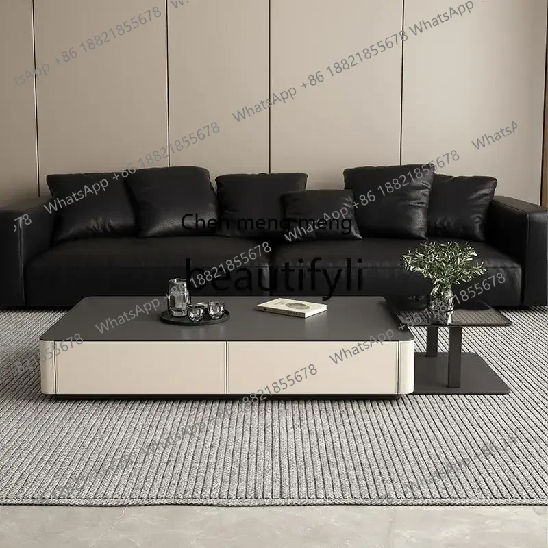 

SS S7486 Italian light luxury rock slab coffee table, combined living room home retro style solid wood high-end saddle leather T