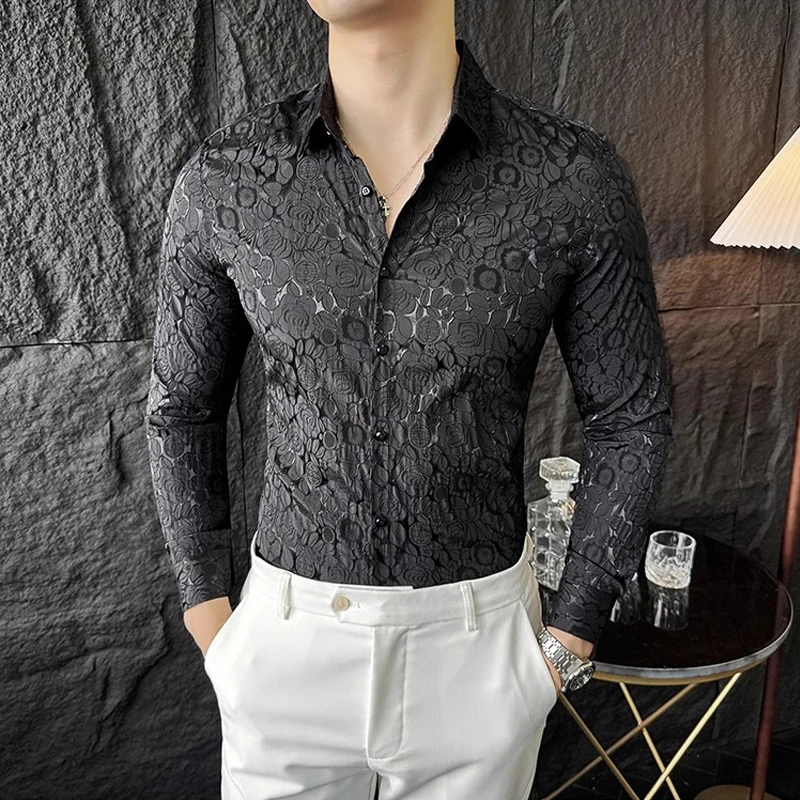 Luxury Flower Jacquard Slim Fit Men's Shirt Autumn Fashion Single Breasted Social Chemise Homme Prom Party Mens Tuxedo Shirts