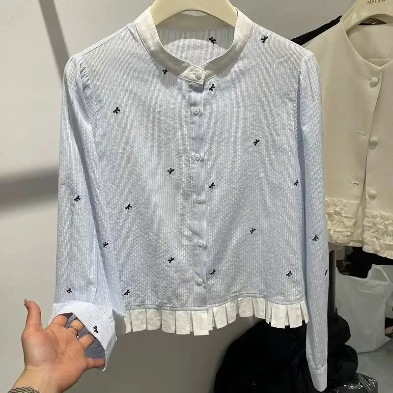 

Корейская рубашка в синюю полоску, женская весенняя новинка 2025, свободный топ с круглым вырезом и длинными рукавами, универсальный топ с бантом и принтом