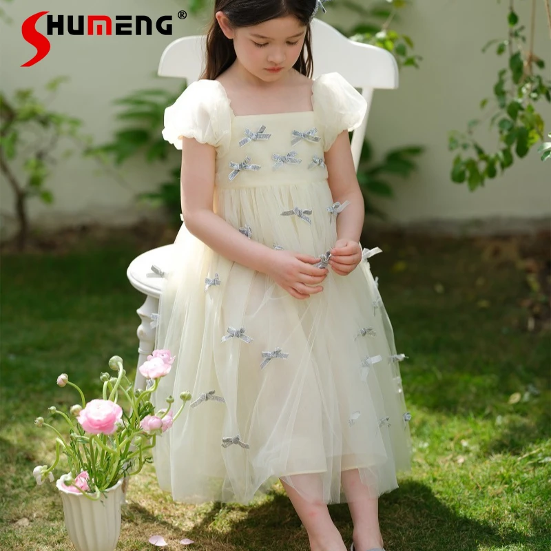 

Весенне-летнее платье во французском стиле с пышными рукавами и сеткой, детское элегантное платье принцессы с бантом, платье для девочек с коротким рукавом