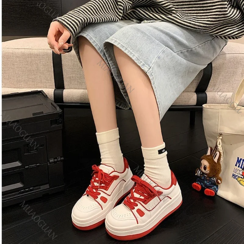 Newest Arrival 5CM Chunky Women's Shoes Retro Splicing Color Outdoor Sneakers Round-Toe Lace-Up Female Footwear Sapato Feminino