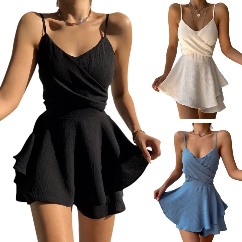 Backless Sleeveless Sexy Dress Solid Color Spaghetti Straps Falbalas Hem Skirts V-Neck Cross-Criss Breast Cami Cloth