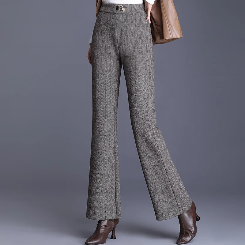 

High Waist Woolen Micro Flared Pants Women's Thiened Vertical Stripes Autumn Winter New Sle Casual Straight Leg Pants