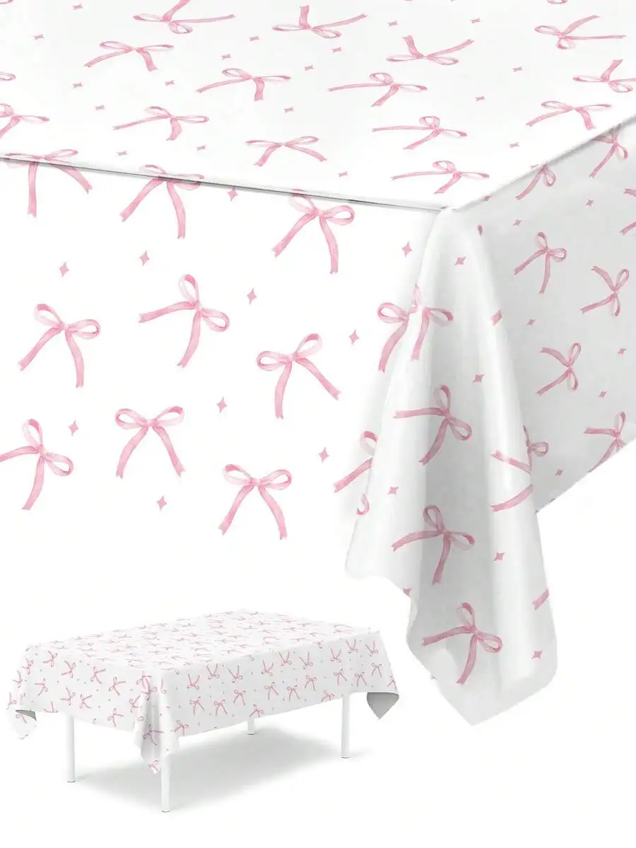 

1pc Pink Bow Pattern Disposable Waterproof Tablecloth for Party, Birthday, Gender Reveal