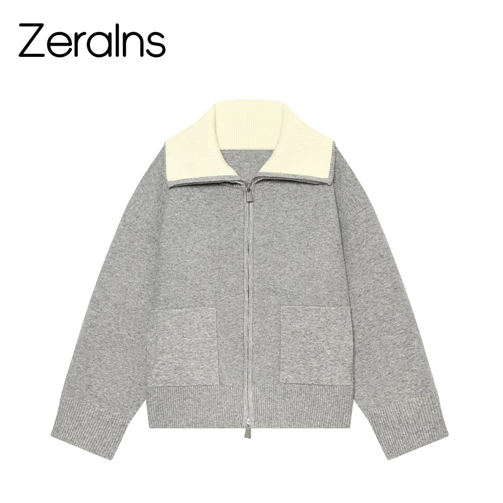 ZERAINS Winter New Women's Fashion Simple Versatile Long Sleeve High Collar Spliced Collar Knitted Coat