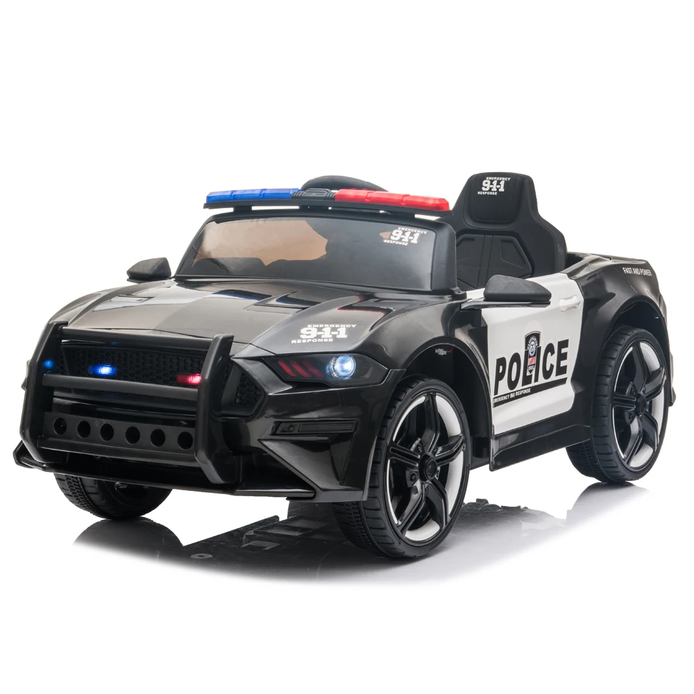 12V Kinder fahren auf dem Auto, Polizei-Sportwagen, 2,4 GHz Fernbedienung, LED-Leuchten, Sirene, Mikrofon, Schwarz