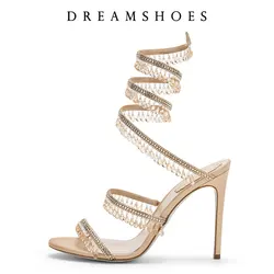 Nieuwe glinsterende kristallen zomerschoenen voor dames, kristallen schoenen met kwastjes, sexy banketfeest, dubbele stiletto, grote damessandalen