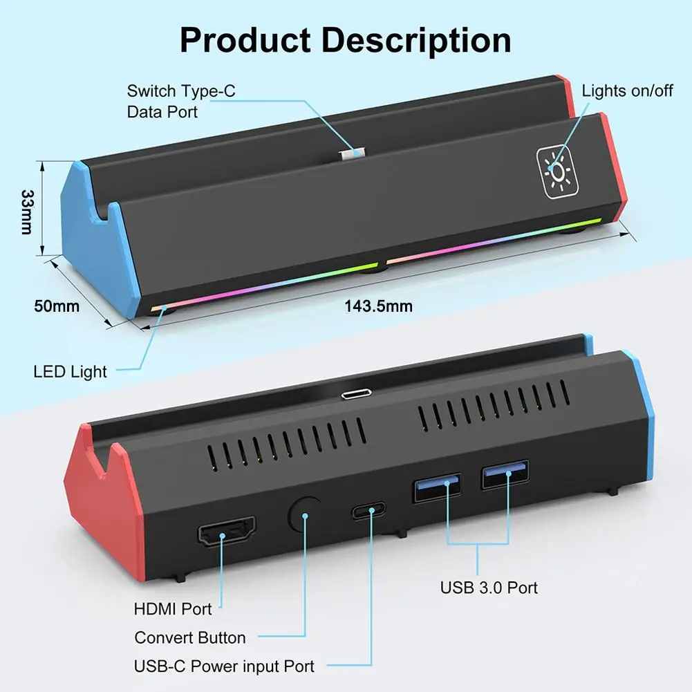 محطة إرساء لجهاز نينتندو سويتش 2/OLED - قاعدة توصيل محمولة مع منافذ HDMI وUSB وType-C وقاعدة بديلة لحامل الشحن
