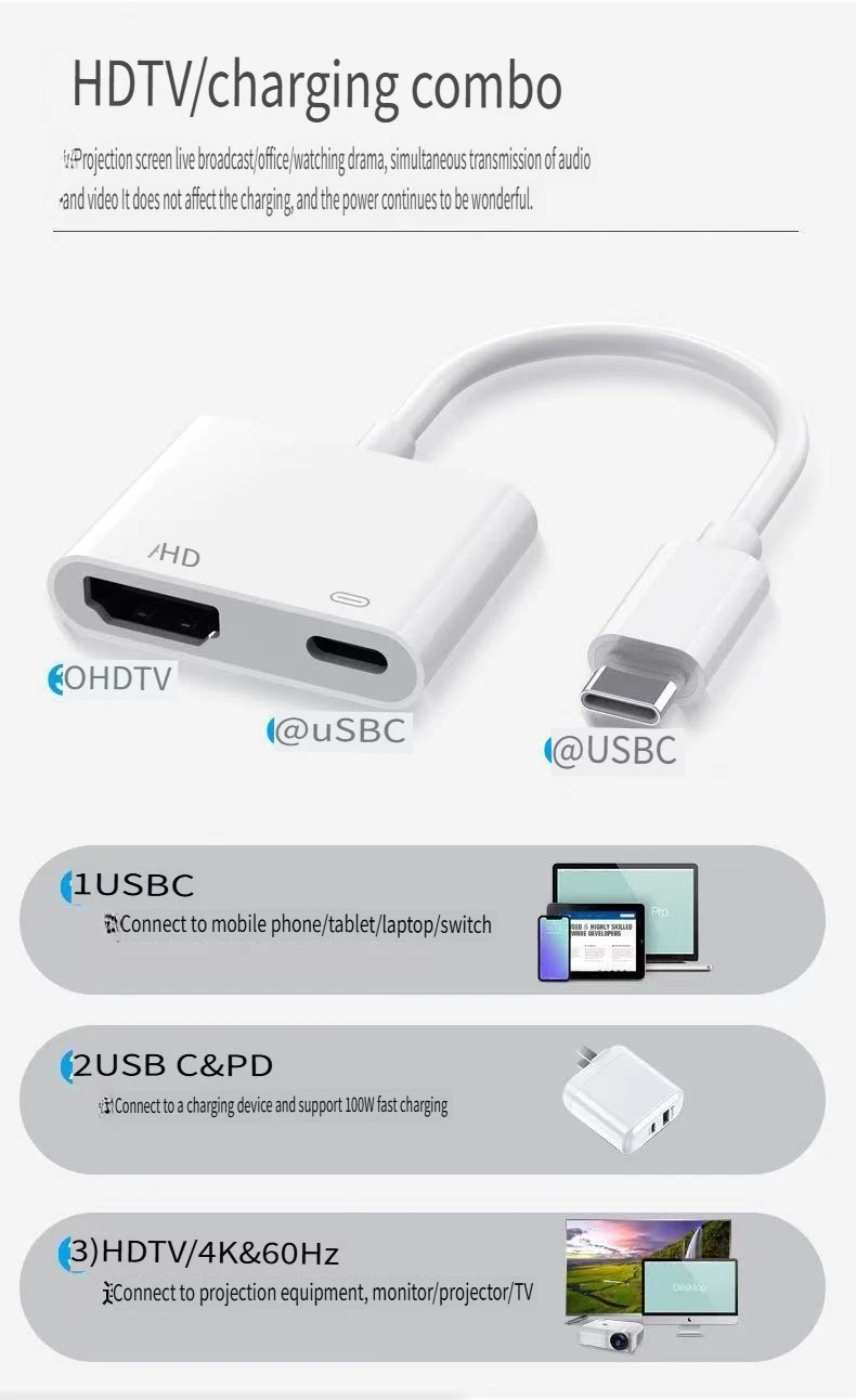 محطة إرساء من النوع C إلى جهاز عرض شاشة محول فيديو عالي الدقة للهاتف المحمول HDMI PD