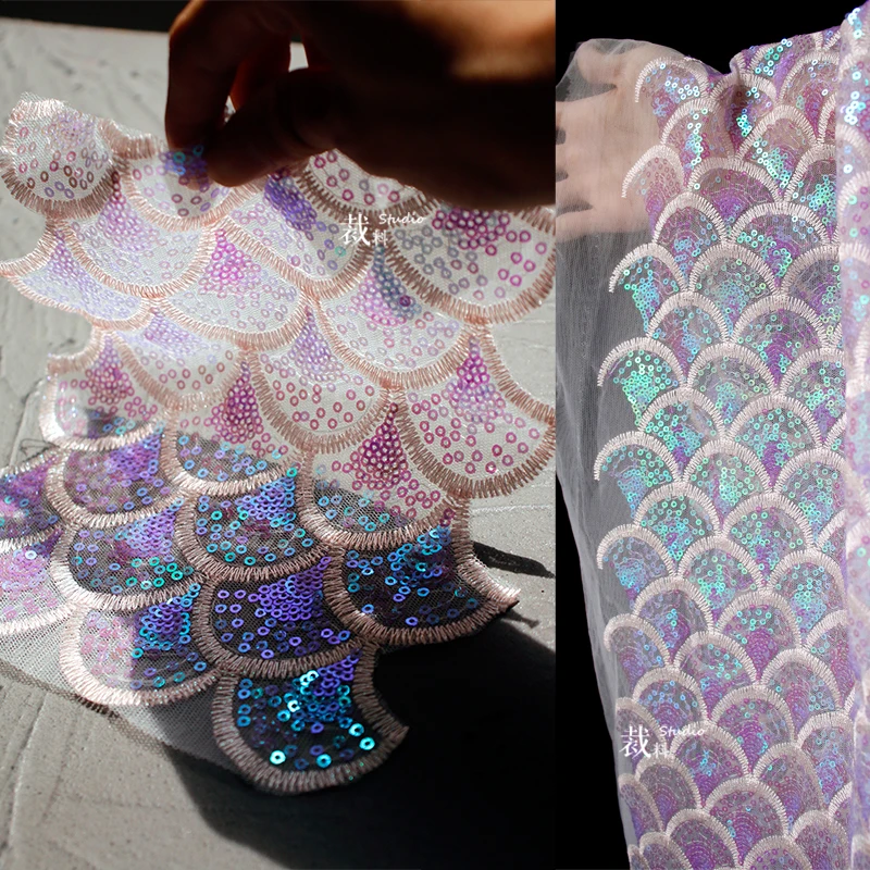 

Ocean Mermaid Ji Symphony Fish Scales Sequins Laser Embroidery Mesh Fabric Dream Background Clothing Designer Fabric