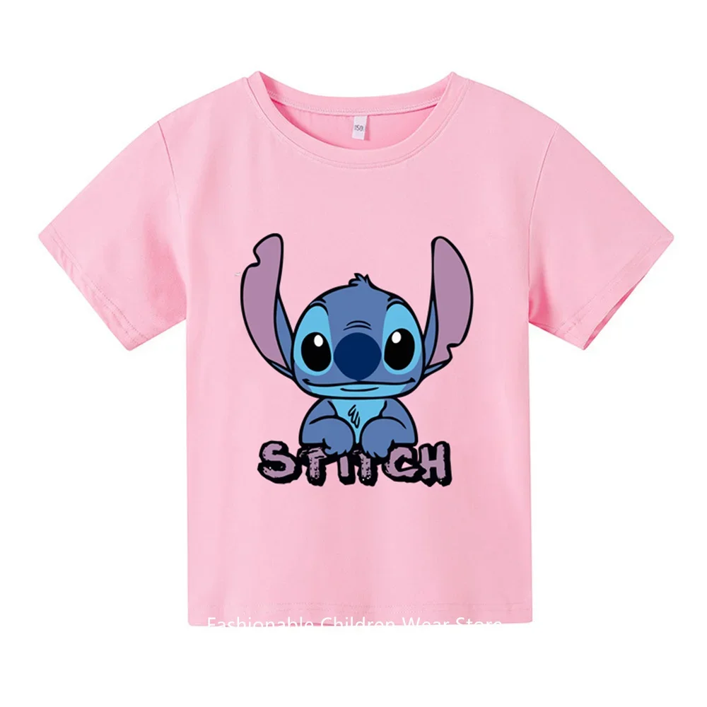 

2024 Summer Cotton T-shirt Kids Harajuku Top Lilo & Stitch Kawaii Pattern Kids Teen T-shirt drop stylish outdoor style