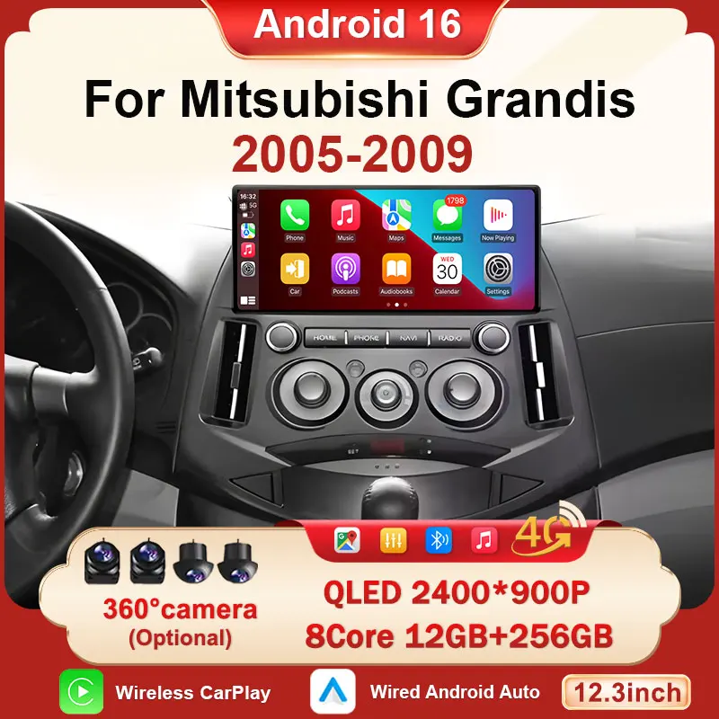 12.3 Inch Android 16 Car Radio GPS Navi CarPlay Android Auto Multimedia Touch Screen Head Unit For Mitsubishi Grandis 2004-2009
