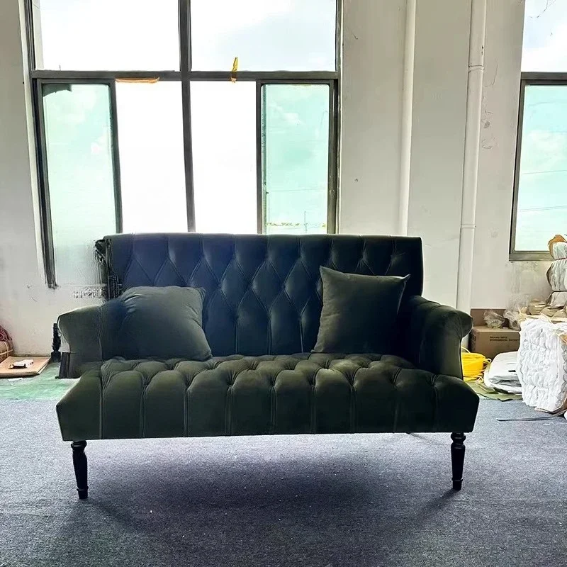French vintage green velvet double sofa American country high-back pull-button English high-legged sofa chair