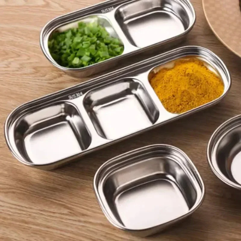 304Stainless Steel Divided Dip Bowls Sauce Plate Seasoning Dipping Condiment Tray for BQ Vinegar Spice Ketchup Salt Sugar Flavor