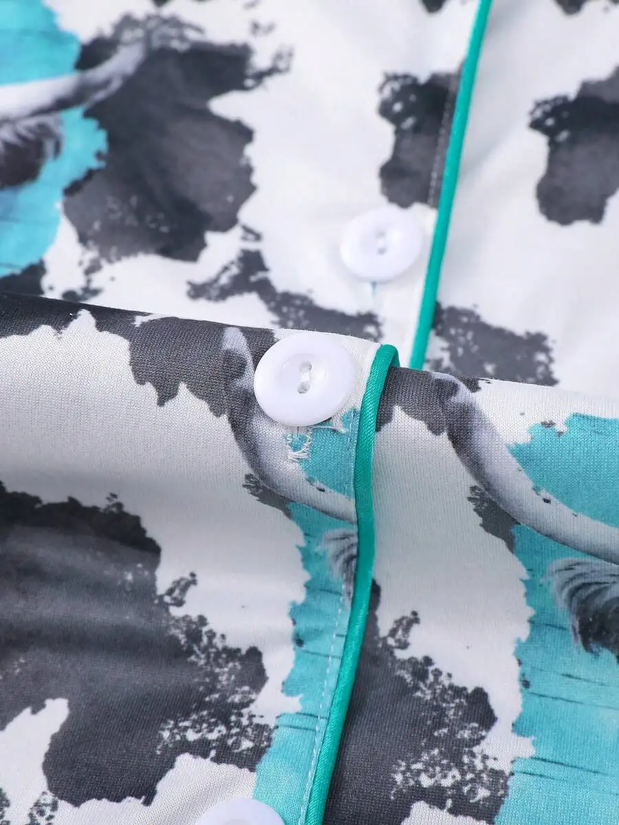 

Women Cow Print Pajama Set With Collared Shirt And Elastic Waist Shorts
