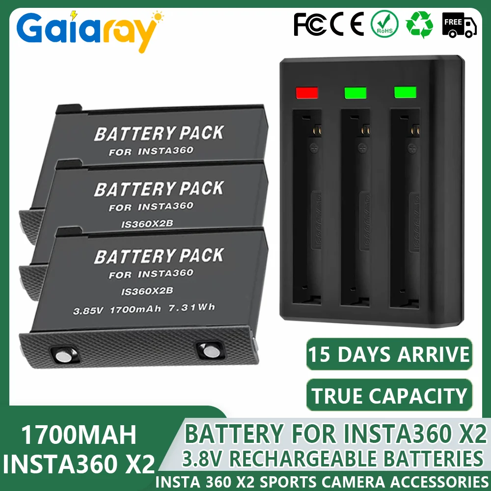 For Insta360 X2 1700mAh Rechargeable Battery + LED 3-Slots Charger 360 Panoramic Action Camera Accessories For Insta360 ONE X2
