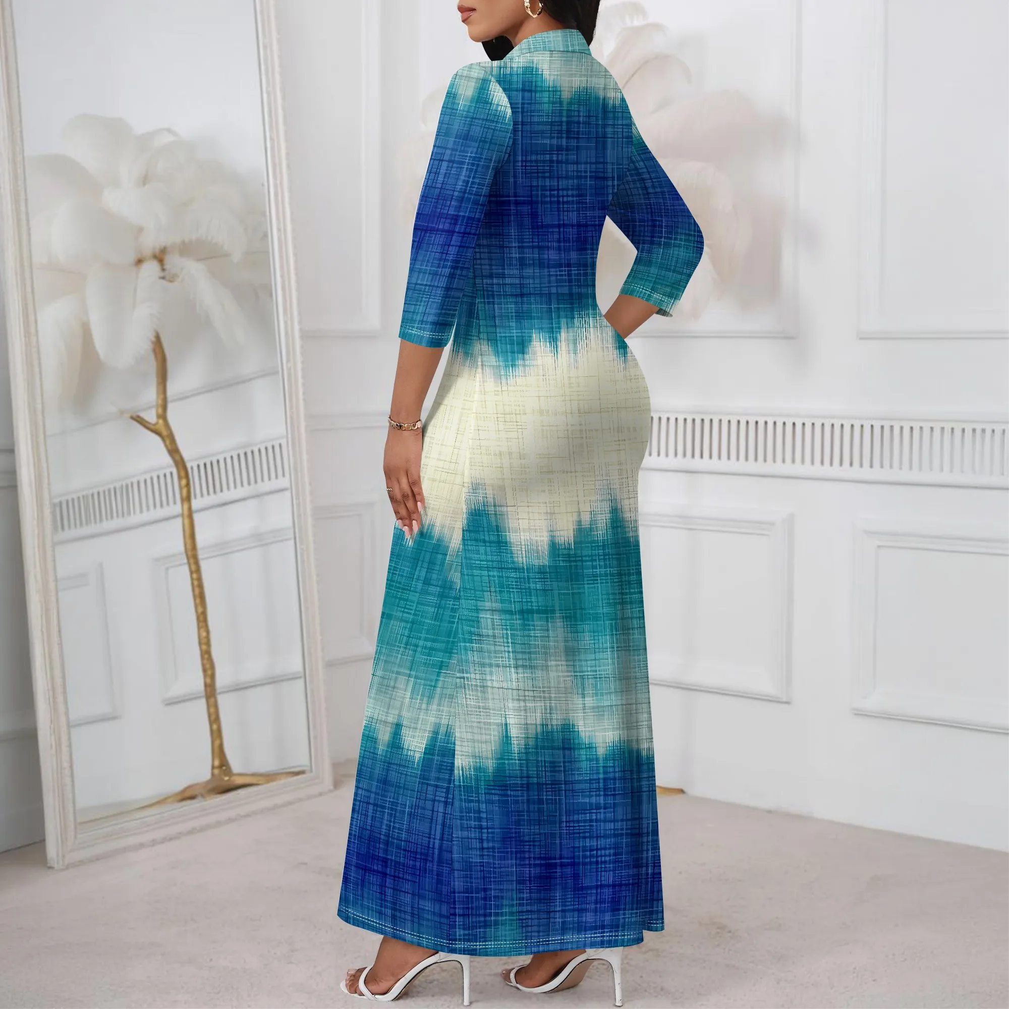 EQQZD Fashion 3/4 Sleeve V-neck Maxi Dress, Standard Size Colorful Tie-Dye Print Bodycon Dress