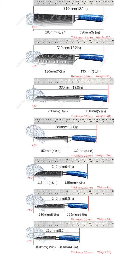 1-8pcs Kitchen Knife Set High Quality Damascus Pattern Blue Resin Handle Boning and Meat Cutting Knives Optional Knife Block