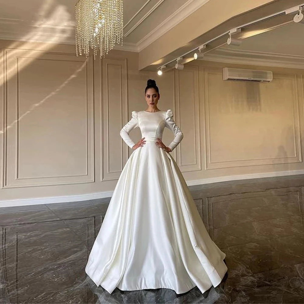 

On Zhu Elegant Stain Wedding Dresses Scoop Neck Long Sleeves Ball Gown Floor Length Simple Bride Gowns Vestidos De Novia 2023