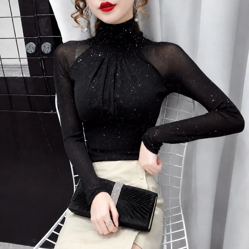 Elegant Mesh Lace Blouse Ruched Front Fleece‑Lined Option Mesh Top Slim Fit Glitter Detail Long Sleeve Shirt Daily Wear