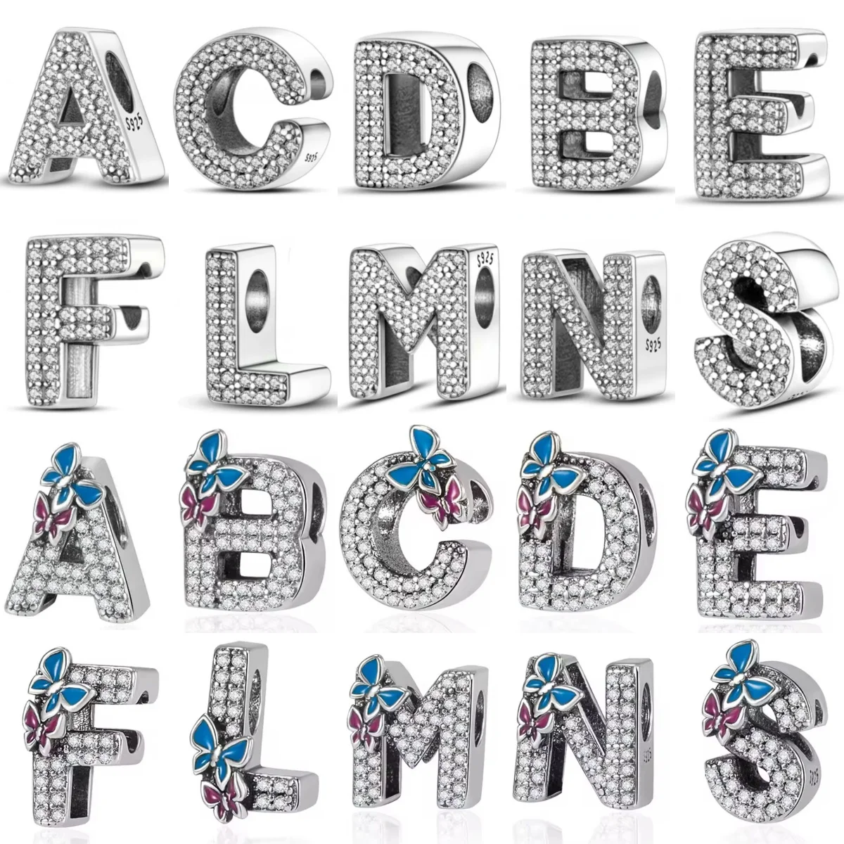 925 Sterling Silver Butterfly Alphabet A-Z Charms 26 Letters Beads Fit European Bracelet Pendant Dangle Women Jewelry Charm Gift