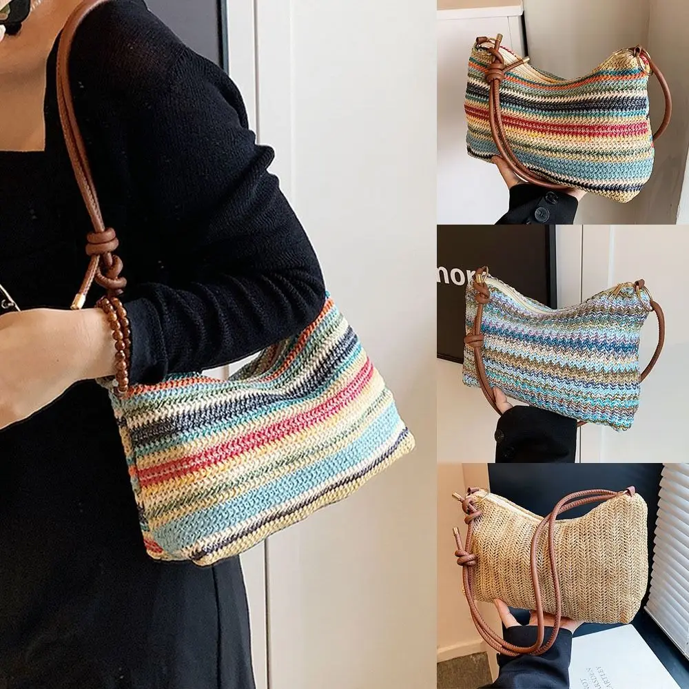 Bolso de hombro ligero de paja, gran capacidad, cierre de cremallera, bolso de paja tejido, bolso de mano de rafia a rayas de ganchillo para mujer