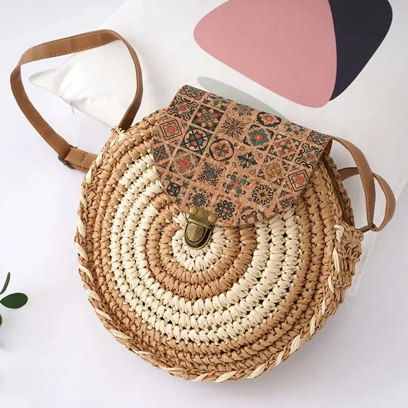 YoReAi Round Straw Beach Bag Vintage Handmade Woven Shoulder Bags Raffia Circle Rattan Bohemian Summer Vacation Diagonal Pack