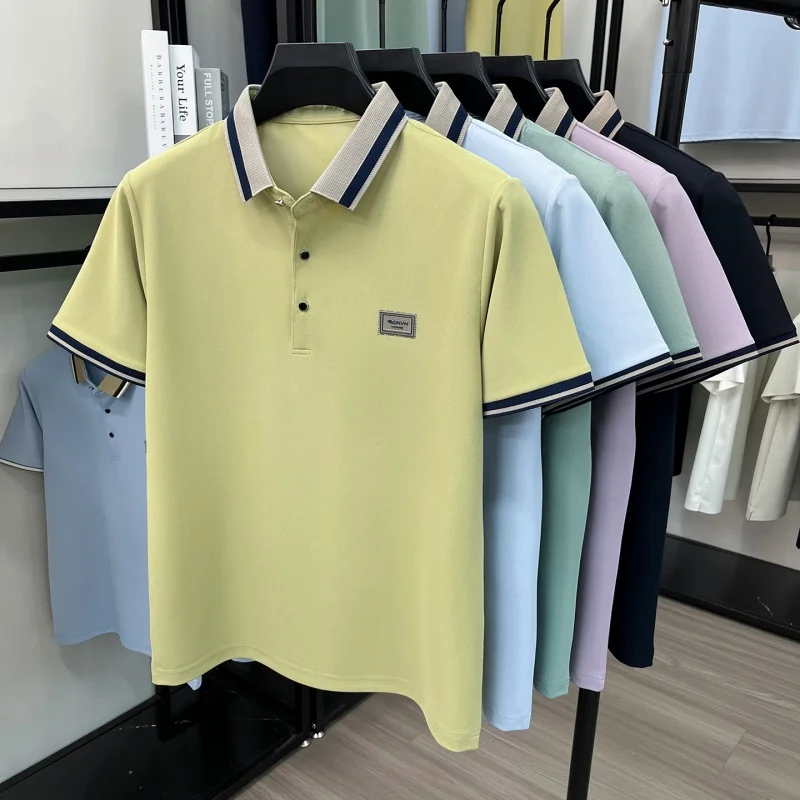 TFETTERS Summer College Gentleman Men T Shirt Classic Cut Contrast Neck Badge Short Sleeve Commute Top T-shirt For Man