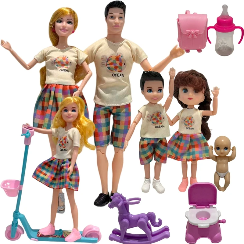 6 Person / Lot Families Set Mon Dad Sister Brother Figture Toys Miniatuarer Dollhouse Furniture Stroller Bike Bed DIY Gift Game