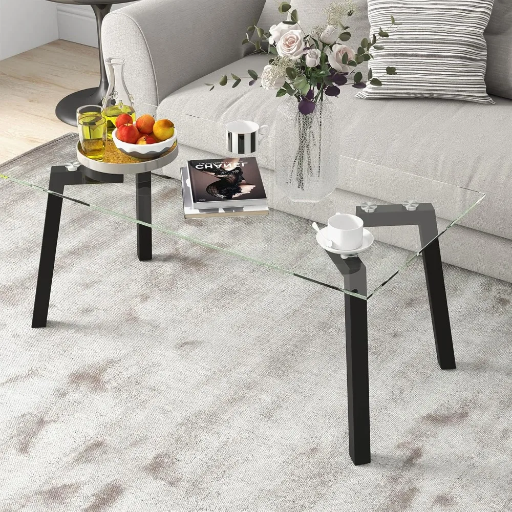 Tempered Glass Coffee Table, Rectangular Center Table with Heavy Duty Metal Frame, Modern Cocktail Table, Clear Tea Table for L