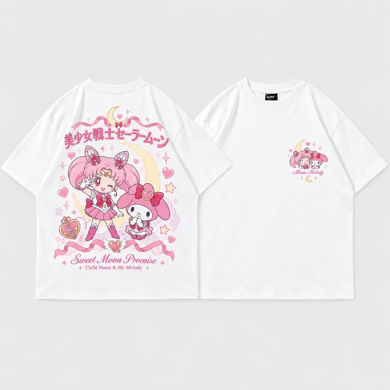 Sanrio Hello Kitty Sailor Moon Parent Child Tee Men's Women's White Retro Cool Art Print Oversized Short Sleeve Streetwear Top