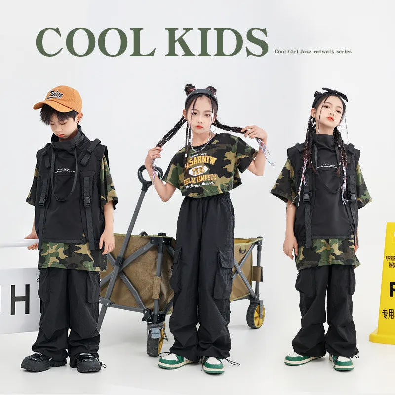 Teen Boy Hip Hop Costume High Collar Vest Camo T Shirt Cargo Pants Children Street Dance Outfits Kids Waistcoat Streetwear New