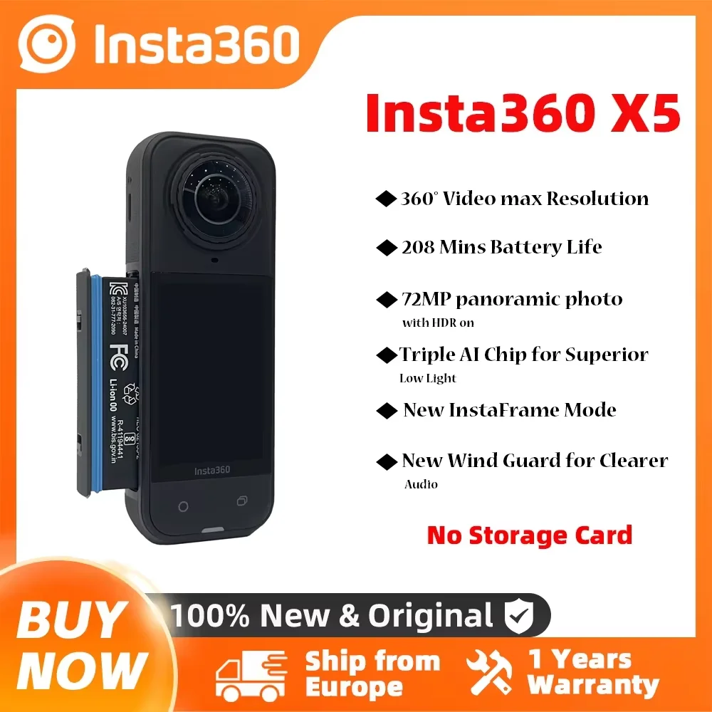 Nueva cámara de acción Insta360 X5 8K 30fps, lentes intercambiables, triple chip de IA, rendimiento superior en condiciones de poca luz, 185 minutos de duración de la batería, Insta360 X5 7