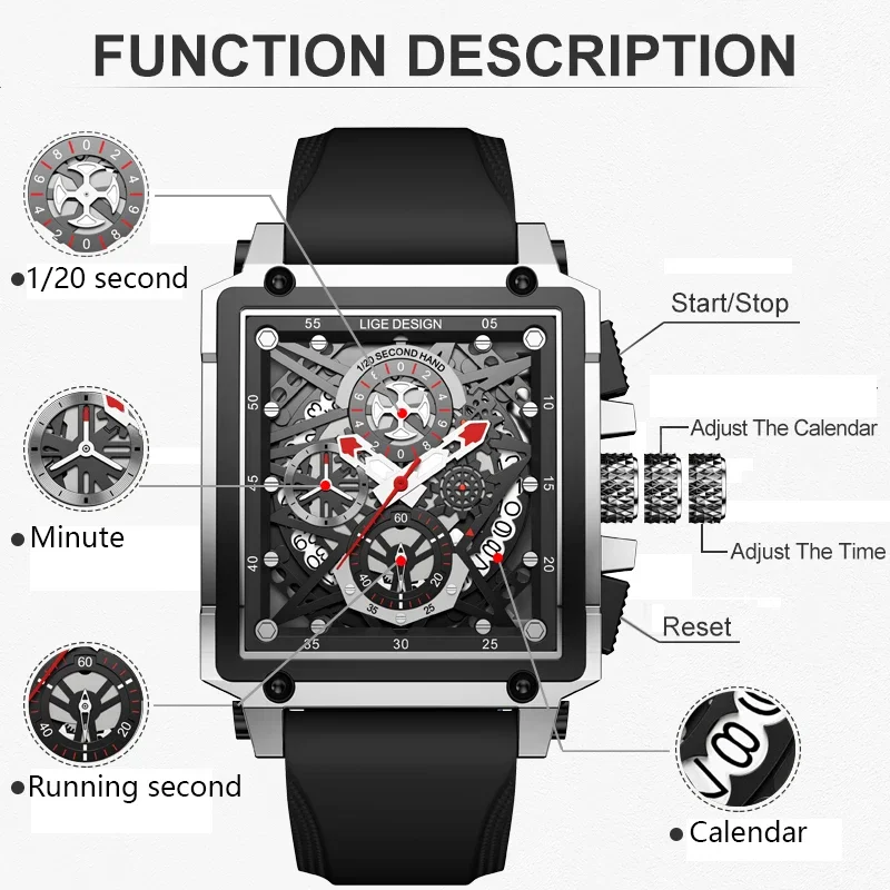 LIGE Fashion Hollow Square Watch Men Top Brand Luxury Silicone Sports Men\'s Quartz Wristwatches Casual Waterproof Chronograph