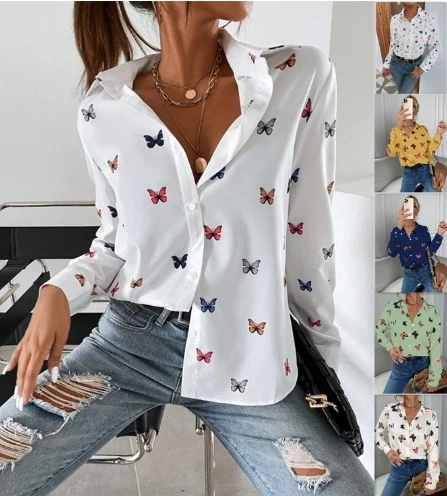 Fashion Autumn Women's Blouse Digital Printed Long Sleeved Shirt Butterfly Printed Shirt Temperament Commuting Casual Shirt