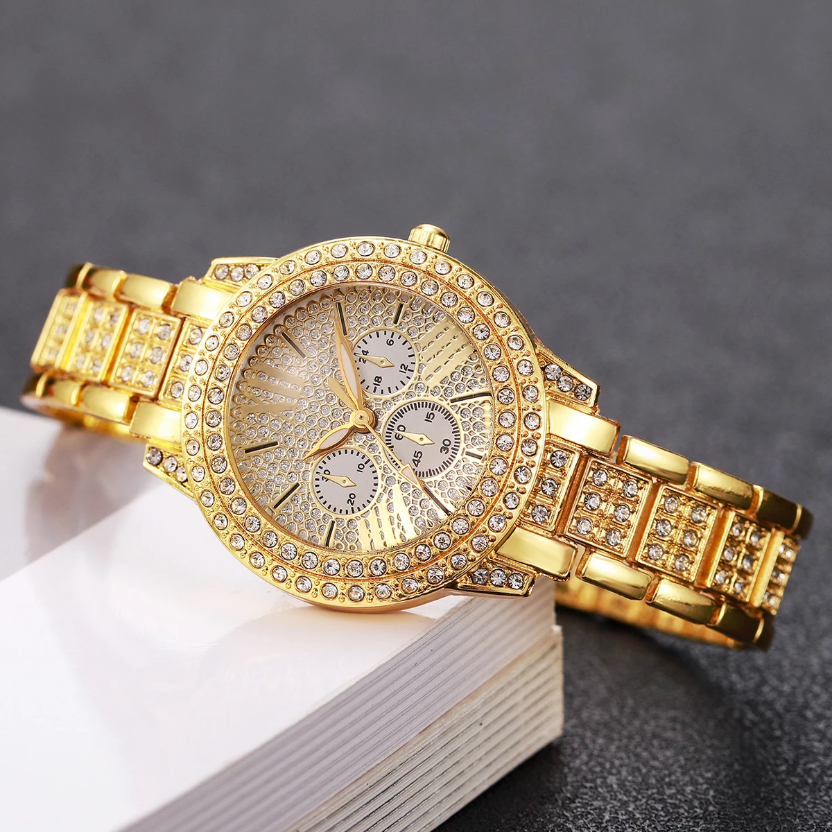 Fashion Decorative Three-eyes Dial Women Quartz Watch Luxury Full Diamond Ladies Wristwatches Reloj Mujer Clock (Without Box) - view 5