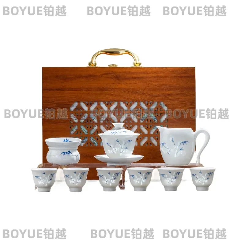 Hand Painted Kung Fu Tea Set Light Luxury Ceramic Teapot Cup Office Home Decor Birthday Holiday Gift for Elders