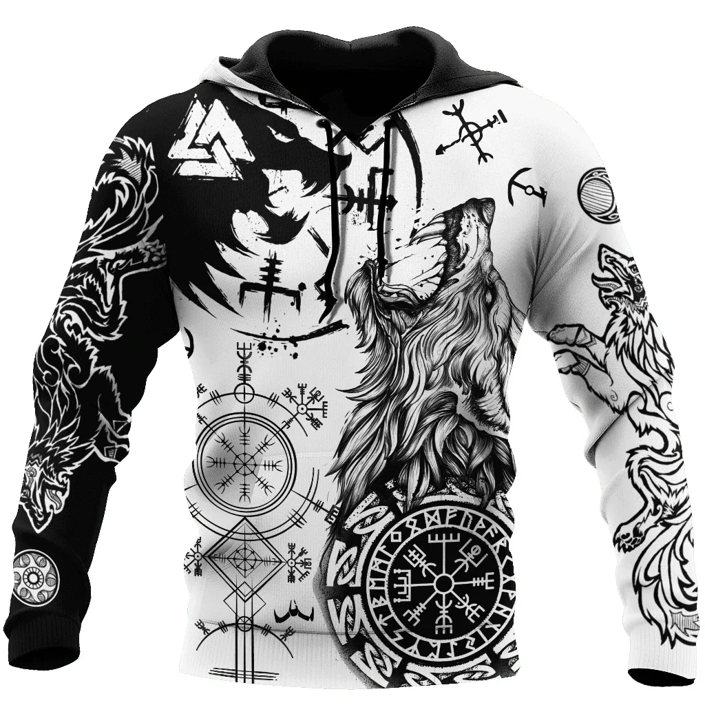 New Wolf Tattoo Vegvisir Black White 3D All Over Printed Men\'s Hoodie & Sweatshirt Unisex Casual Autumn Tracksuits