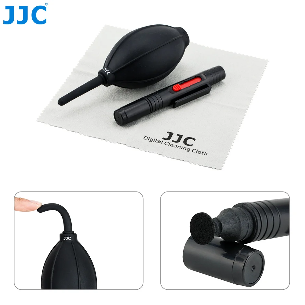 JJC Zestaw do czyszczenia aparatu Profesjonalny długopis do czyszczenia obiektywu DSLR z węglową końcówką Dmuchawa powietrza Ściereczka do czujnika Canon Nikon Sony