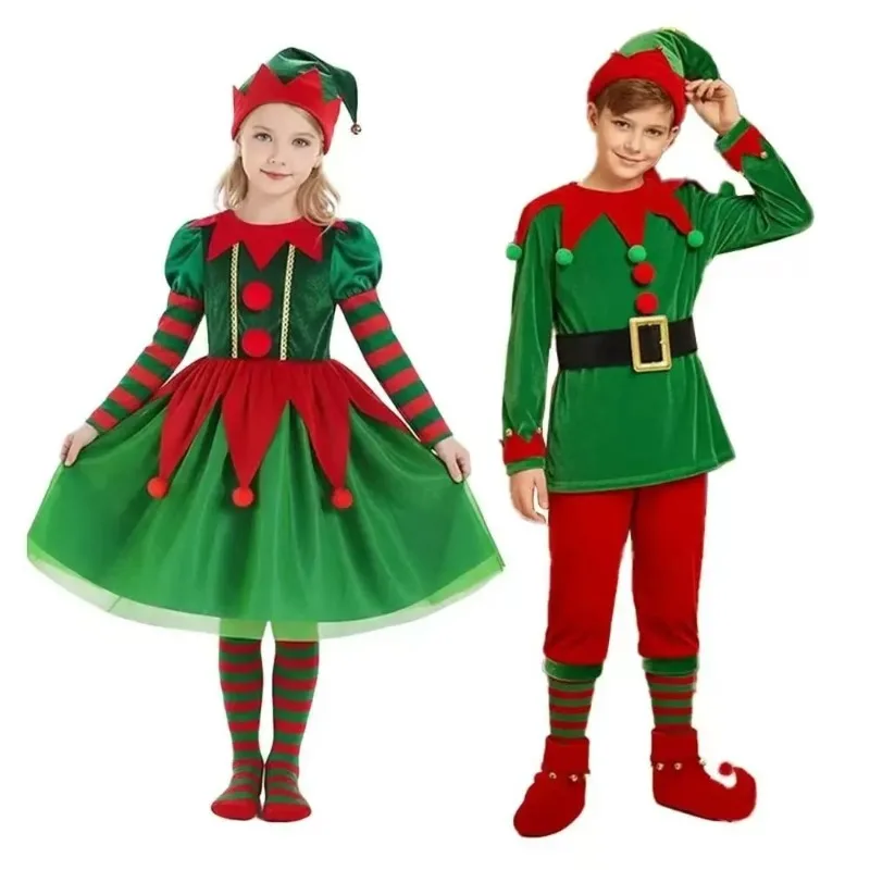Weihnachtself Cosplay Kostüm für Jungen Mädchen Rot Grün Santa Helfer Outfits Festliche Party Performance Kleid Weihnachten Cos Uniformen
